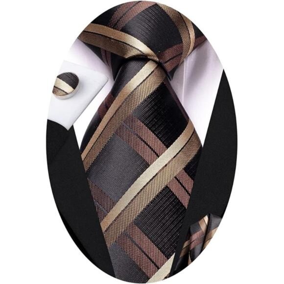 Men Ties Sets Silk Stripe Paisley Necktie Pocket Square Cufflinks for Business - Picture 7 of 7